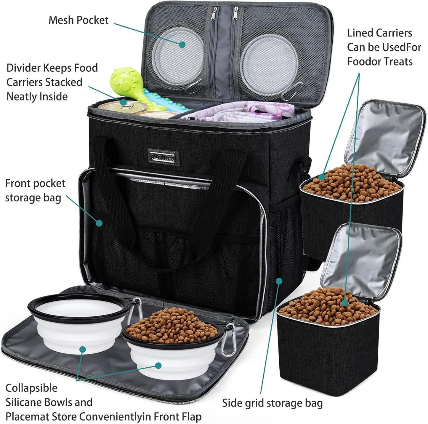 Pet Travel Bag (All Pet Travel Supplies), with 2 Pet Food Containers and 2 Collapsible Silicone Bowls; Essential Kits for Pet Travel (Black)