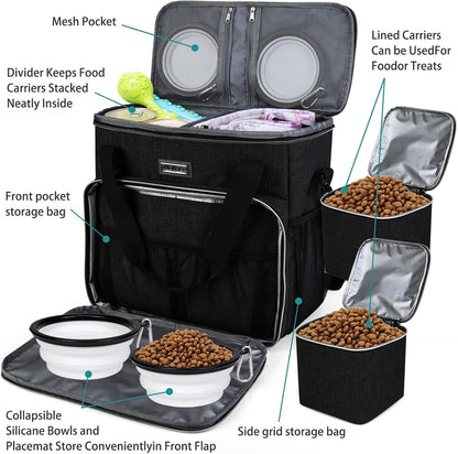 Pet Travel Bag (All Pet Travel Supplies), with 2 Pet Food Containers and 2 Collapsible Silicone Bowls; Essential Kits for Pet Travel (Black)