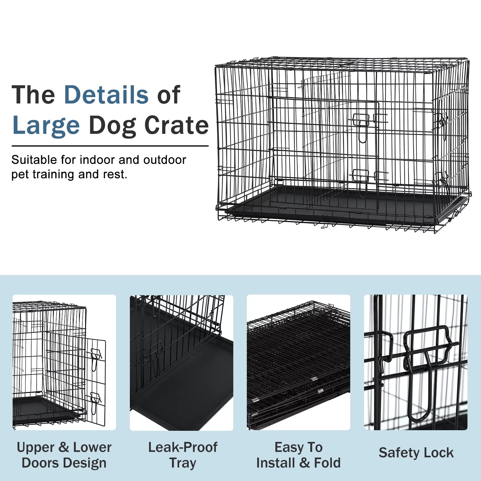 Large 42-Inch Foldable Dog Crate – Heavy-Duty Metal Cage with Double Doors & Tray