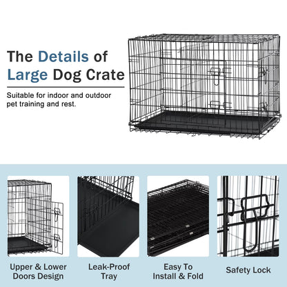 Large 42-Inch Foldable Dog Crate – Heavy-Duty Metal Cage with Double Doors & Tray