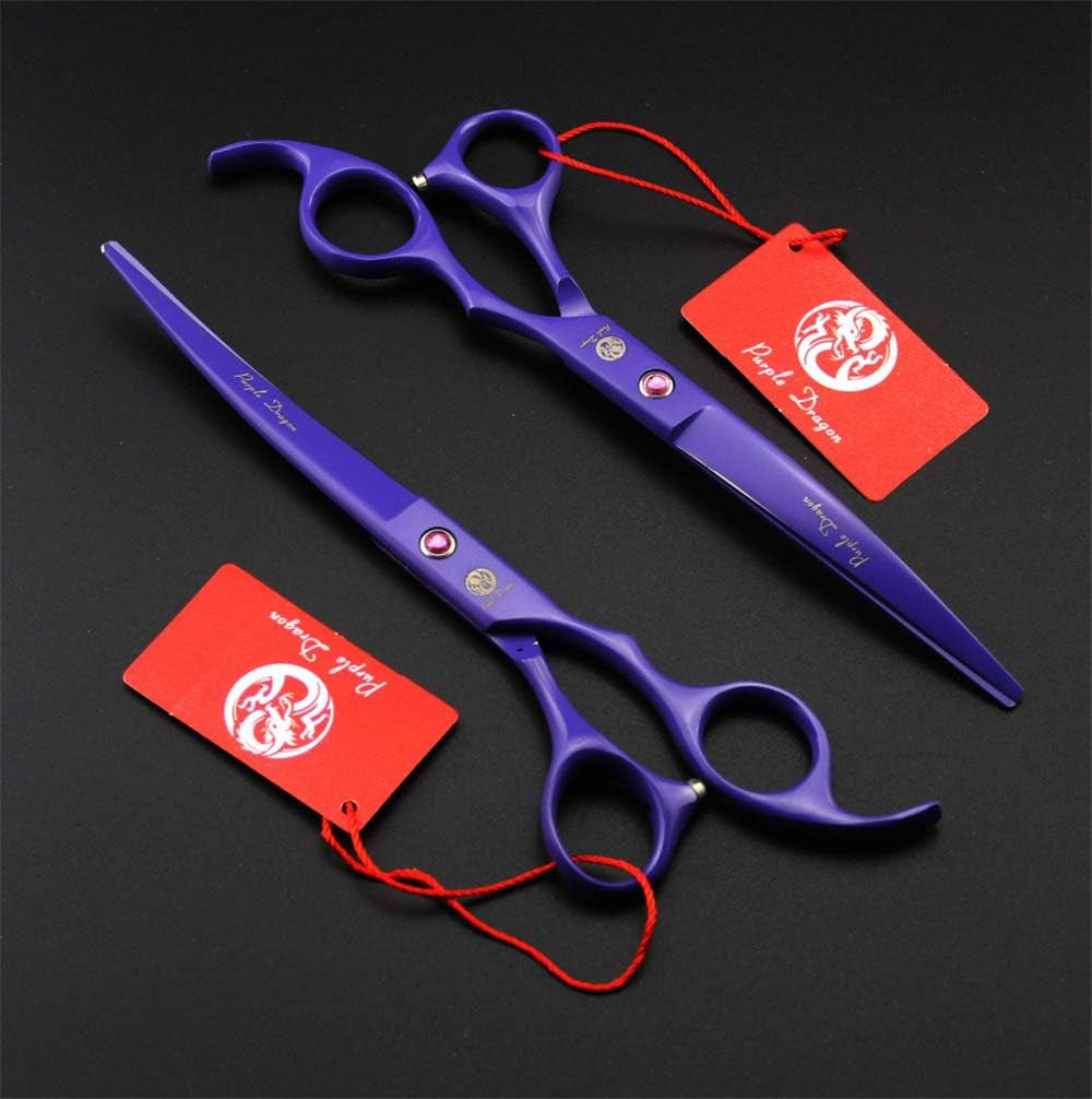 Purple Japanese Premium Steel 7" Pet Grooming Scissors – Straight, Thinning & Curved Blades with Case
